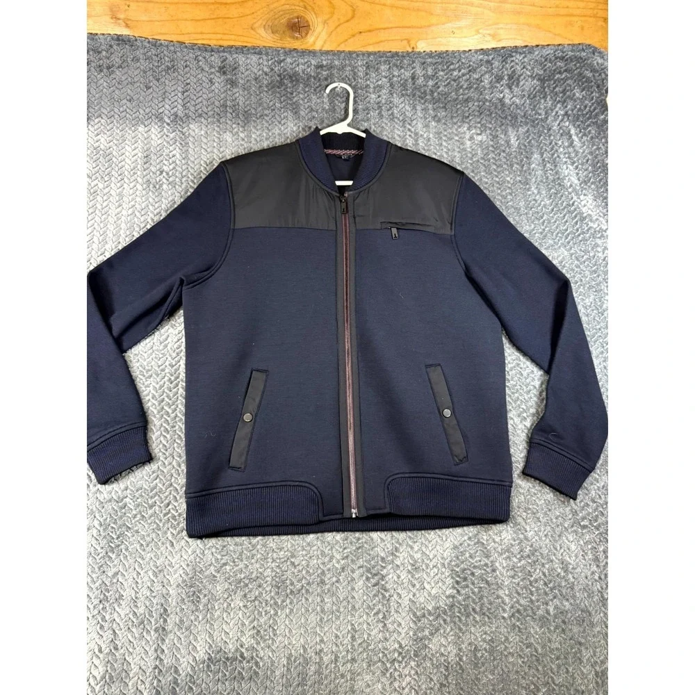 Ted Baker London Bomber Jacket Mens 6 Navy Full Zip Contrast Panel Mock Neck
